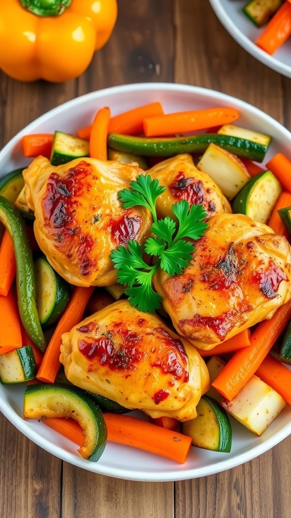 Air Fryer One-Pot Chicken and Vegetables Dinner Air fryer chicken thighs with mixed vegetables on a plate, garnished with parsley.